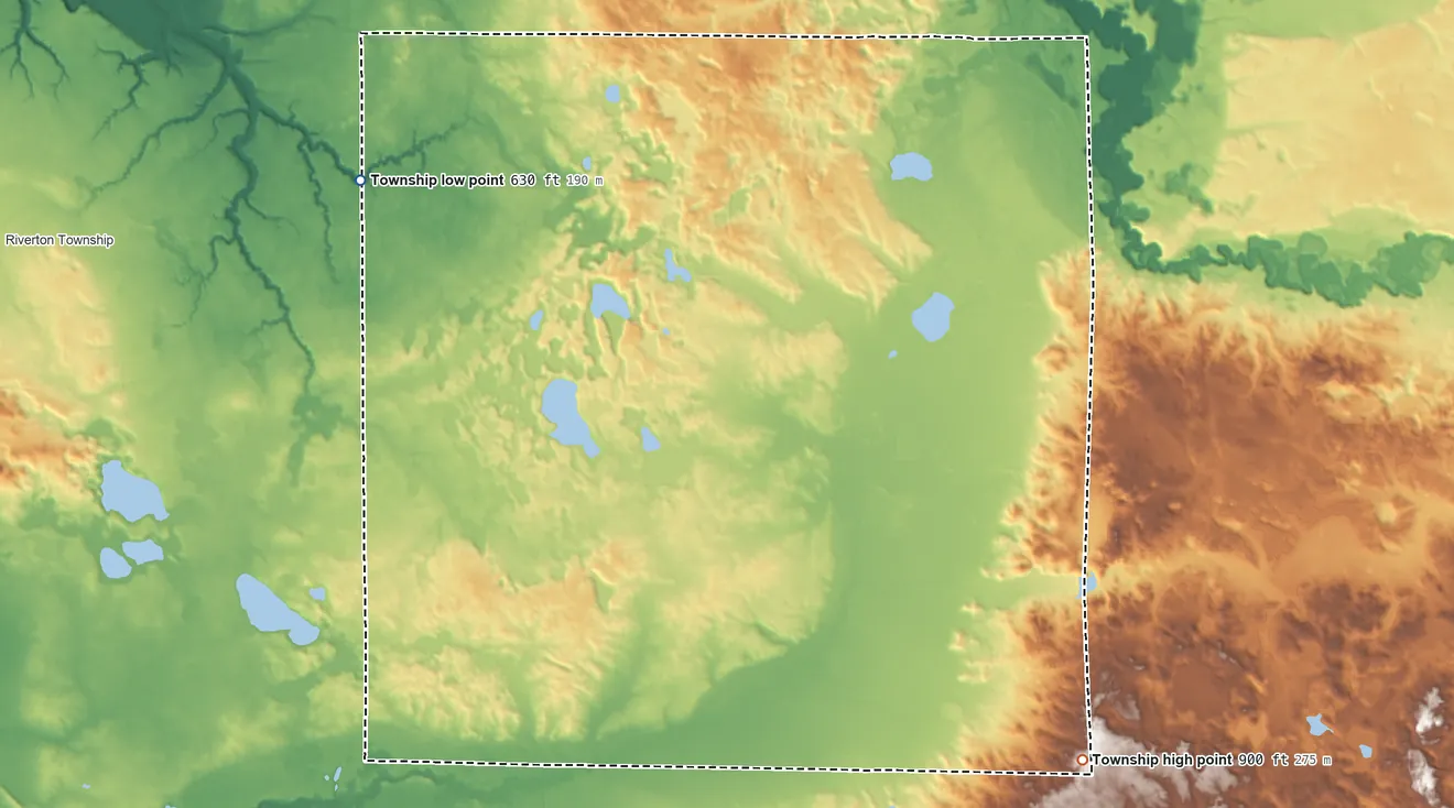 Topographic elevation map of Eden Township, Michigan, shaded from 630 ft on the northwest side to 900 ft on the southeast side