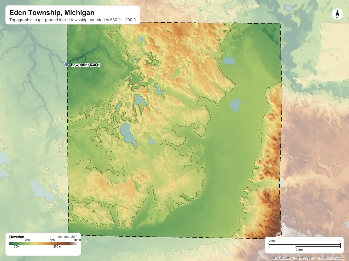 Topographic elevation map of Eden Township, Michigan, shaded from 630 ft on the northwest side to 900 ft on the southeast side