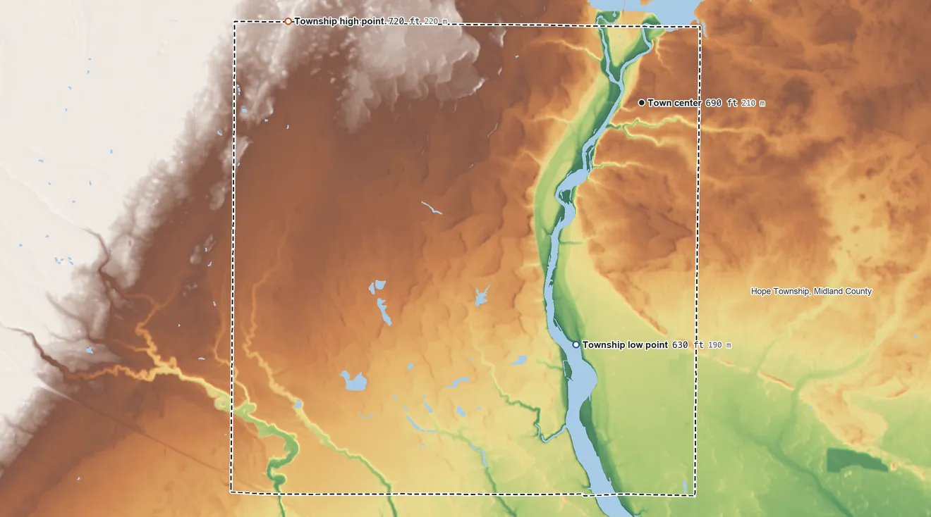 Topographic elevation map of Edenville Township, Michigan, shaded from 630 ft on the south side to 720 ft on the west side