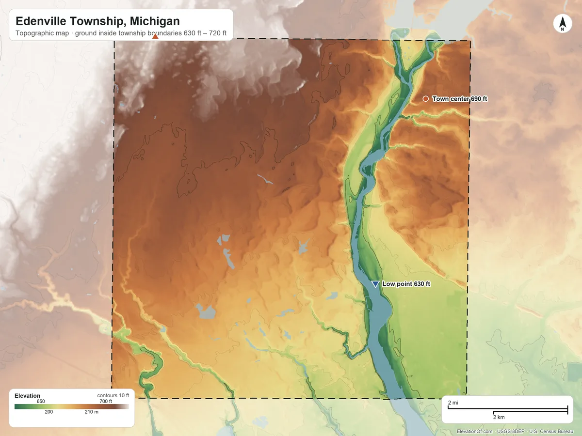 Topographic elevation map of Edenville Township, Michigan, shaded from 630 ft on the south side to 720 ft on the west side