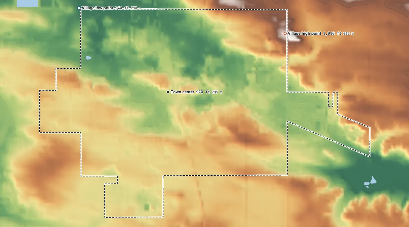 Topographic elevation map of Edmore, Michigan, shaded from 940 ft on the northwest side to 1,010 ft on the northeast side