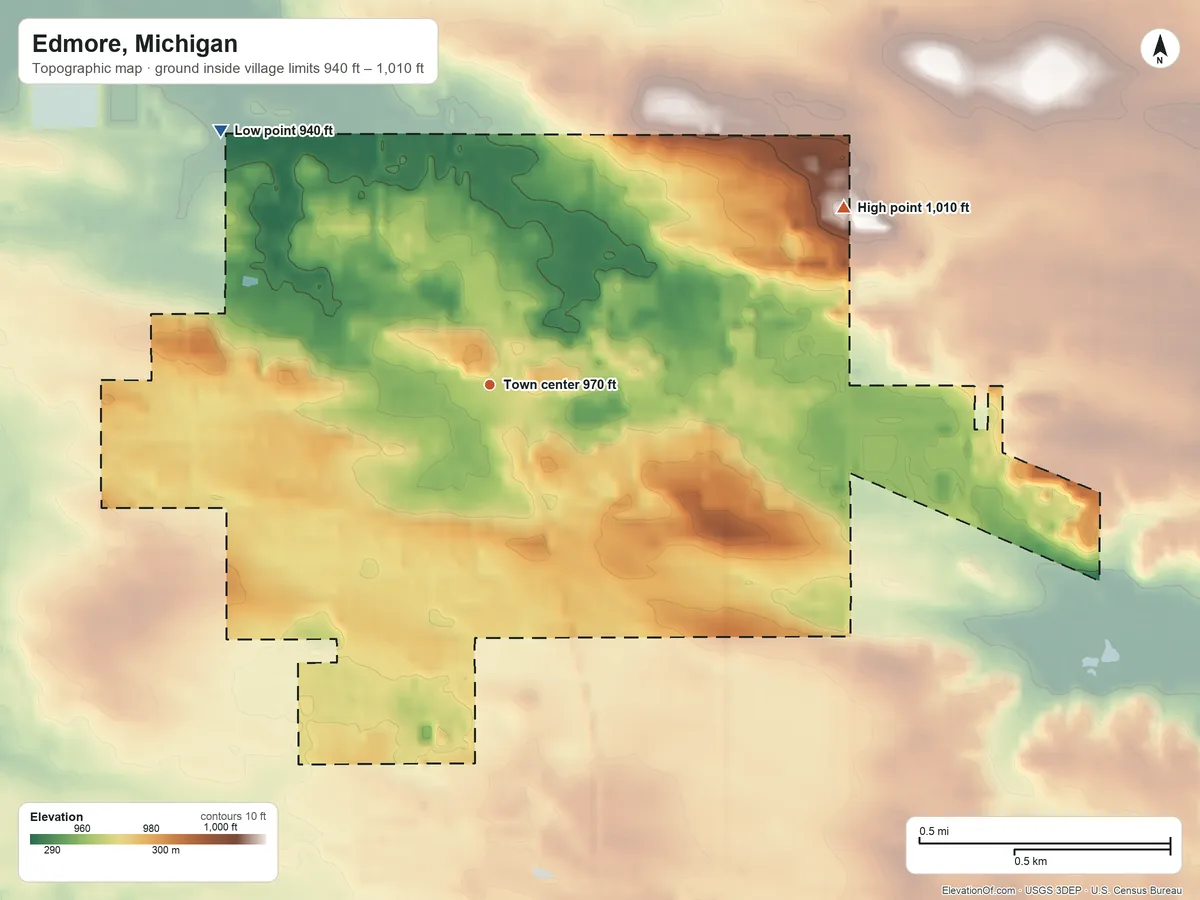 Topographic elevation map of Edmore, Michigan, shaded from 940 ft on the northwest side to 1,010 ft on the northeast side