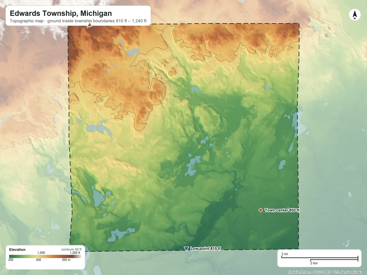 Topographic elevation map of Edwards Township, Michigan, shaded from 810 ft on the southwest side to 1,240 ft on the northwest side