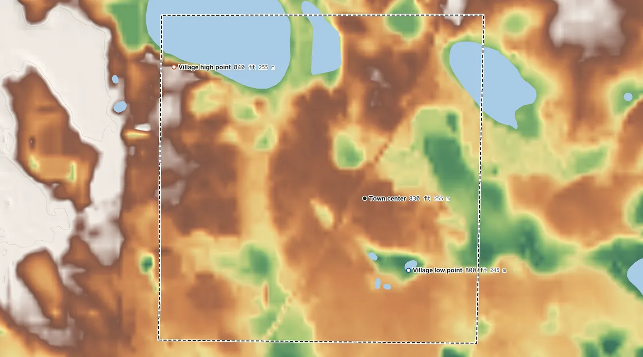 Topographic elevation map of Edwardsburg, Michigan, shaded from 800 ft on the southeast side to 840 ft on the northwest side