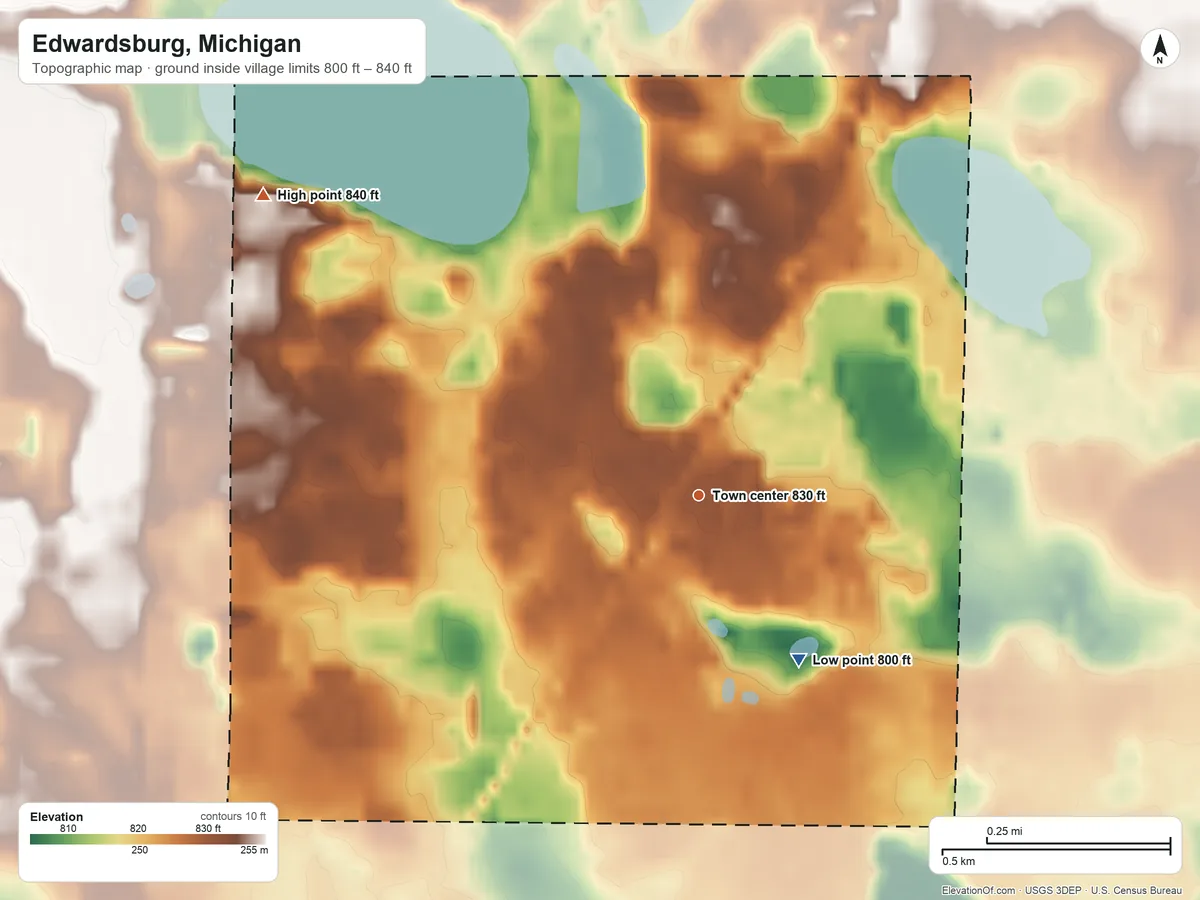 Topographic elevation map of Edwardsburg, Michigan, shaded from 800 ft on the southeast side to 840 ft on the northwest side