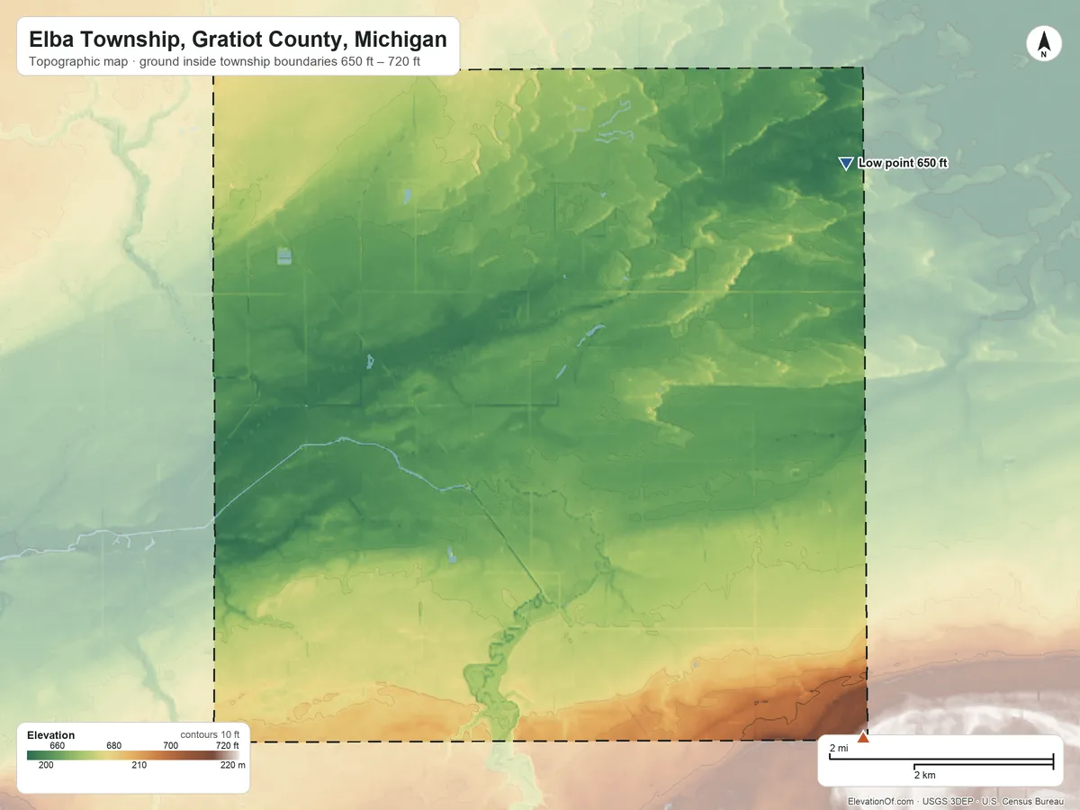 Topographic elevation map of Elba Township, Gratiot County, Michigan, shaded from 650 ft on the northeast side to 720 ft on the southeast side