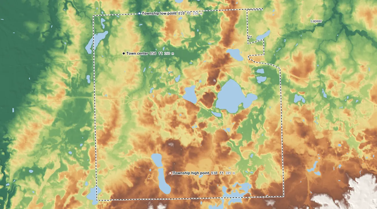 Topographic elevation map of Elba Township, Michigan, shaded from 810 ft on the north side to 930 ft on the south side