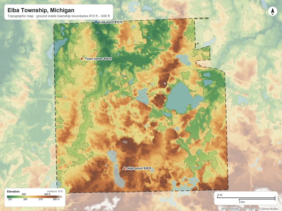 Topographic elevation map of Elba Township, Michigan, shaded from 810 ft on the north side to 930 ft on the south side