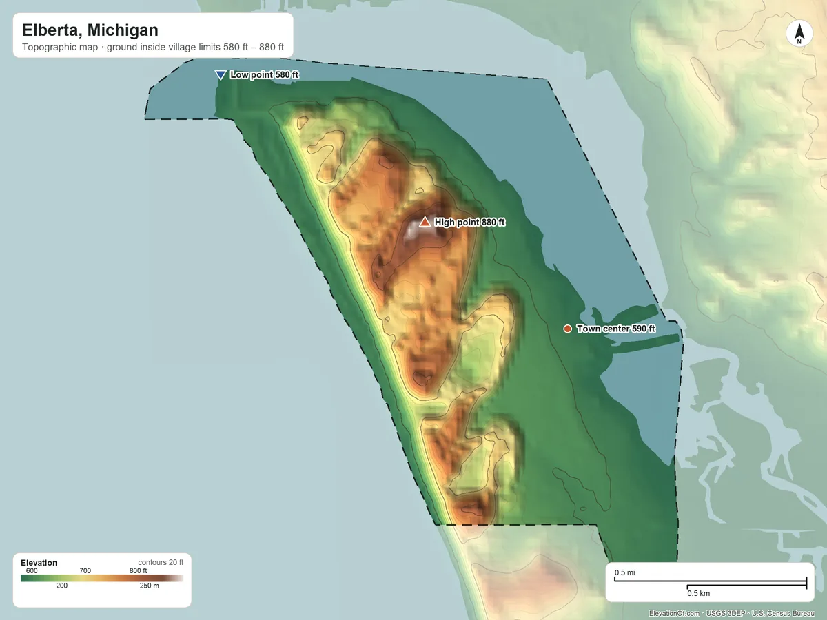 Topographic elevation map of Elberta, Michigan, shaded from 580 ft on the northwest side to 880 ft on the northwest side