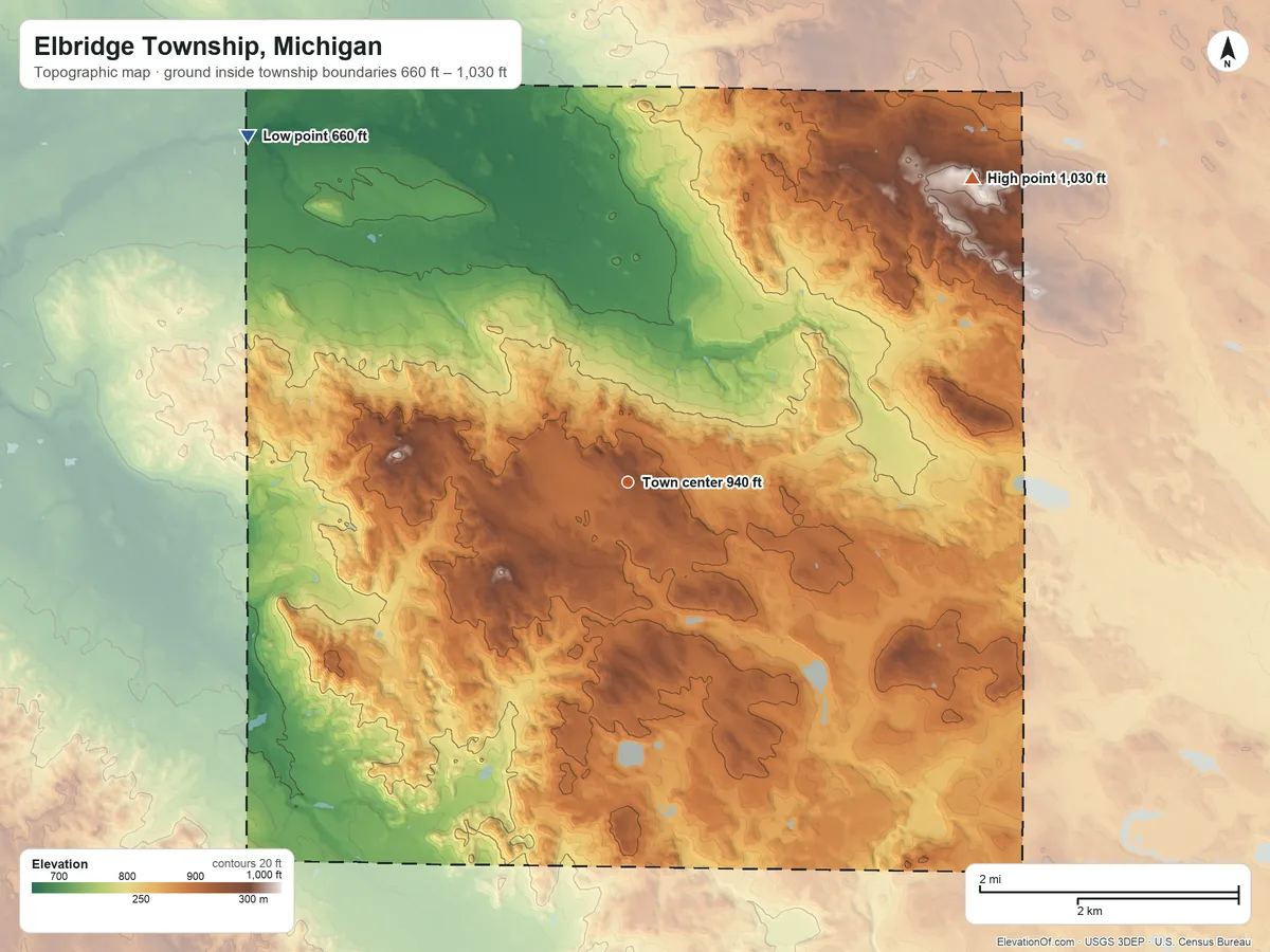 Topographic elevation map of Elbridge Township, Michigan, shaded from 660 ft on the northwest side to 1,030 ft on the northeast side