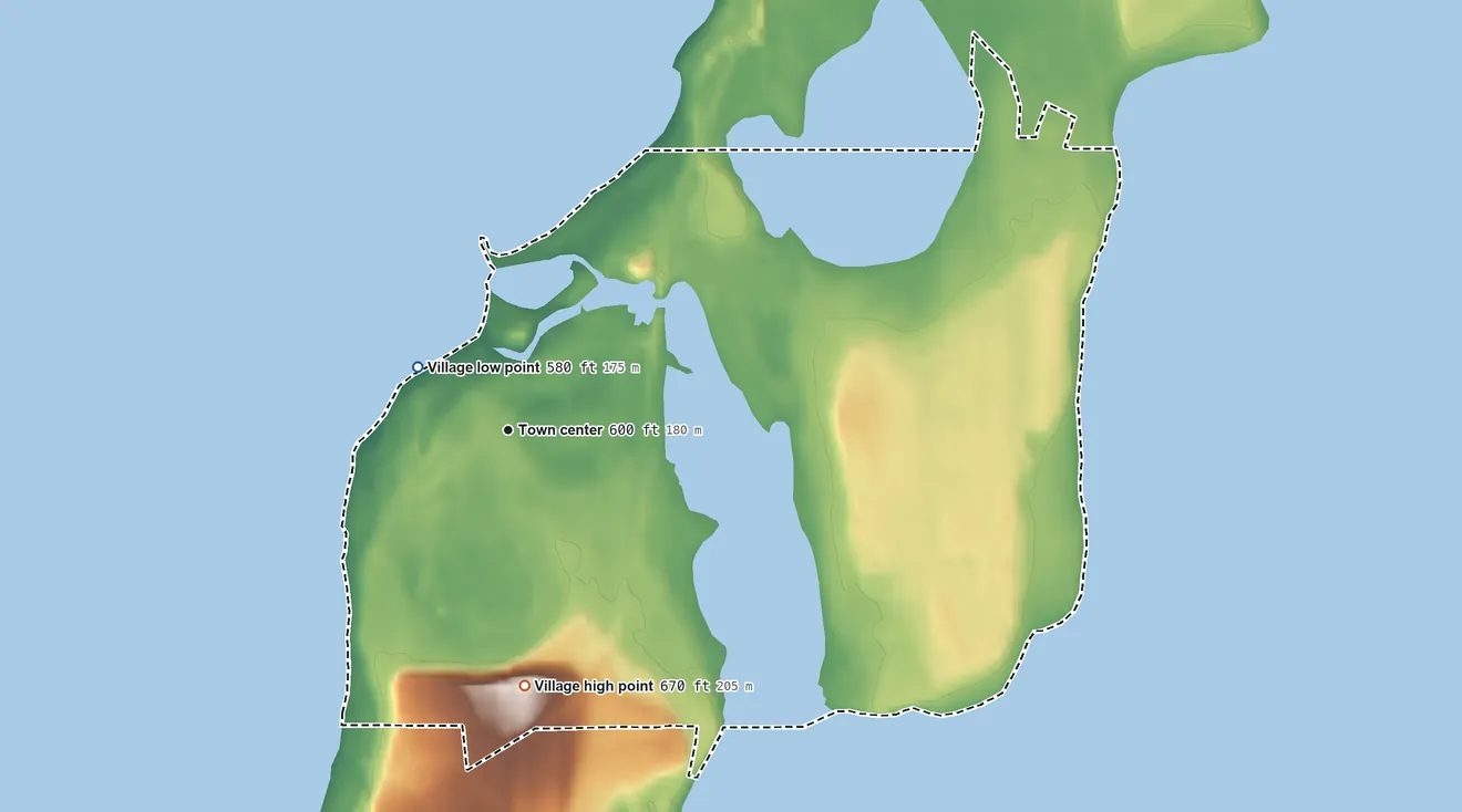 Topographic elevation map of Elk Rapids, Michigan, shaded from 580 ft on the northwest side to 670 ft on the south side