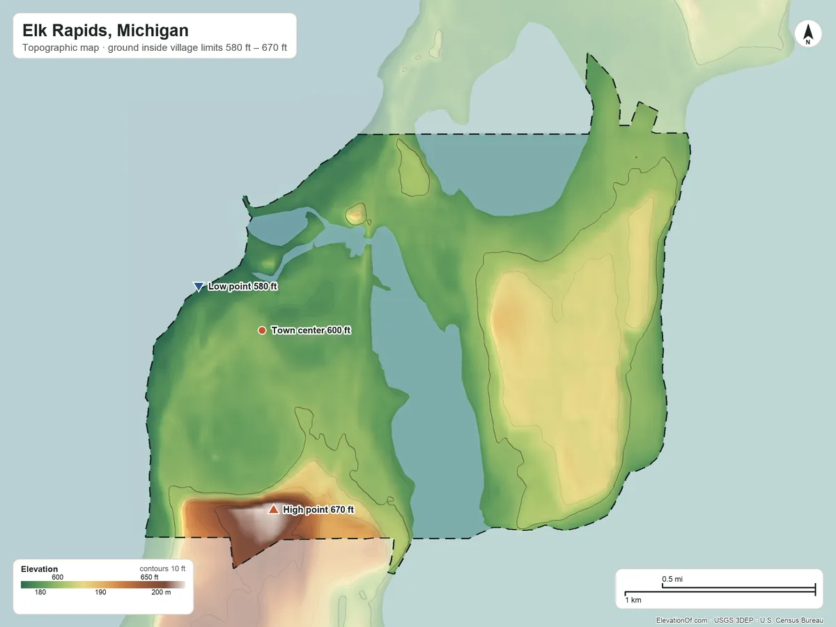 Topographic elevation map of Elk Rapids, Michigan, shaded from 580 ft on the northwest side to 670 ft on the south side