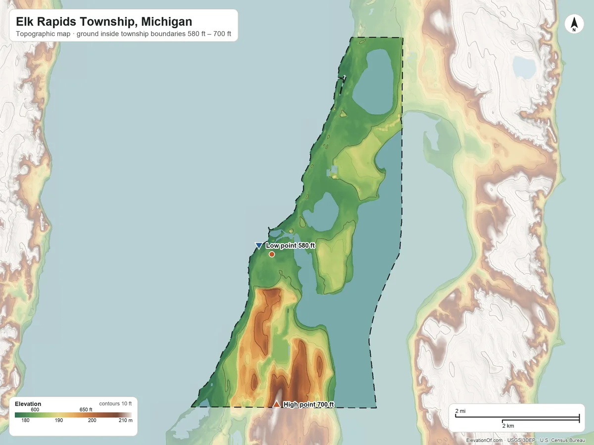 Topographic elevation map of Elk Rapids Township, Michigan, shaded from 580 ft near the middle to 700 ft on the south side