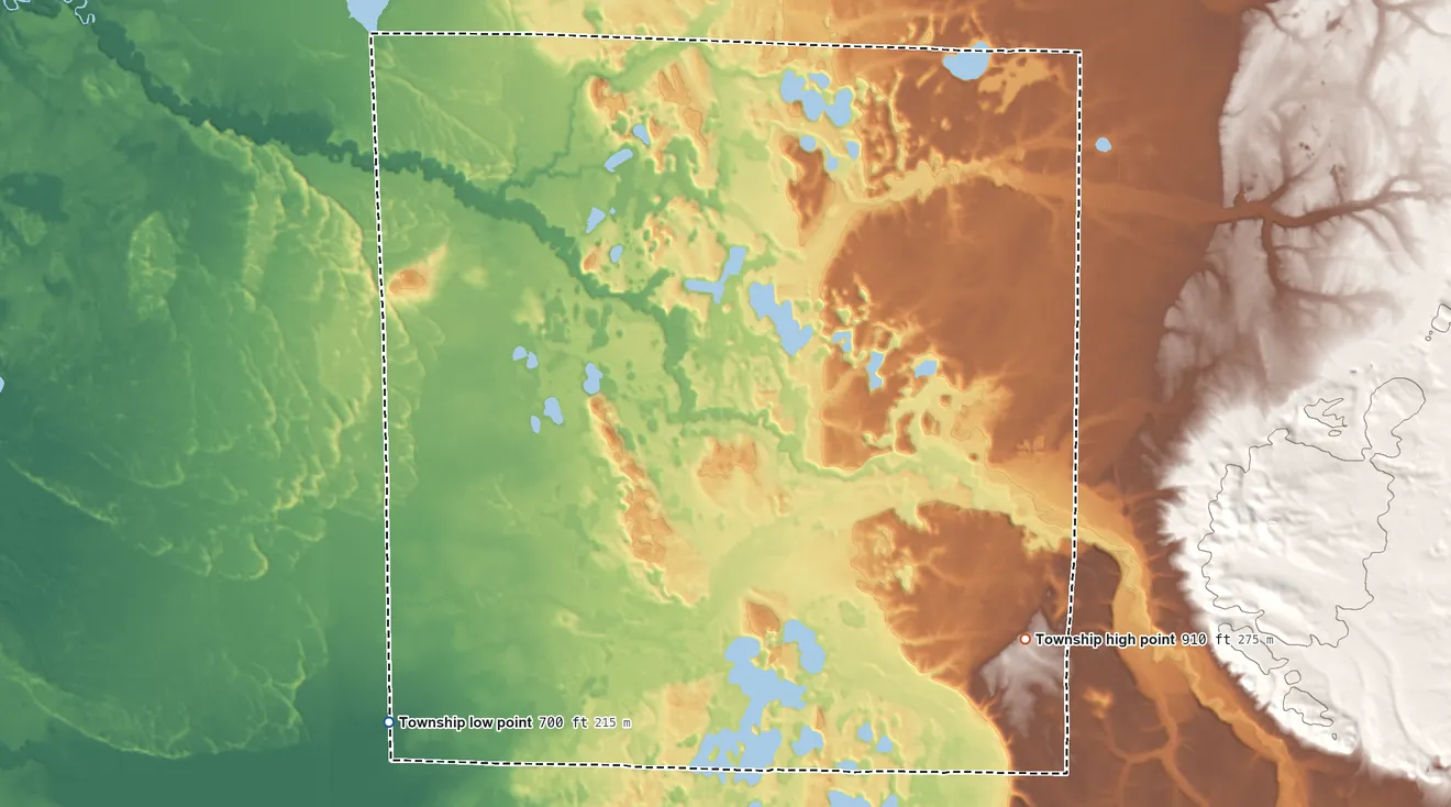 Topographic elevation map of Elk Township, Lake County, Michigan, shaded from 700 ft on the southwest side to 910 ft on the southeast side