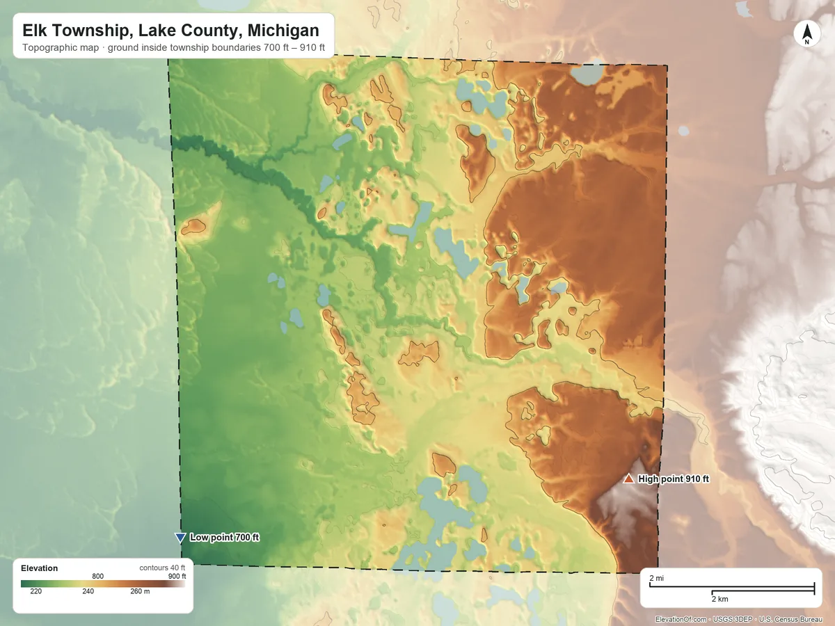 Topographic elevation map of Elk Township, Lake County, Michigan, shaded from 700 ft on the southwest side to 910 ft on the southeast side