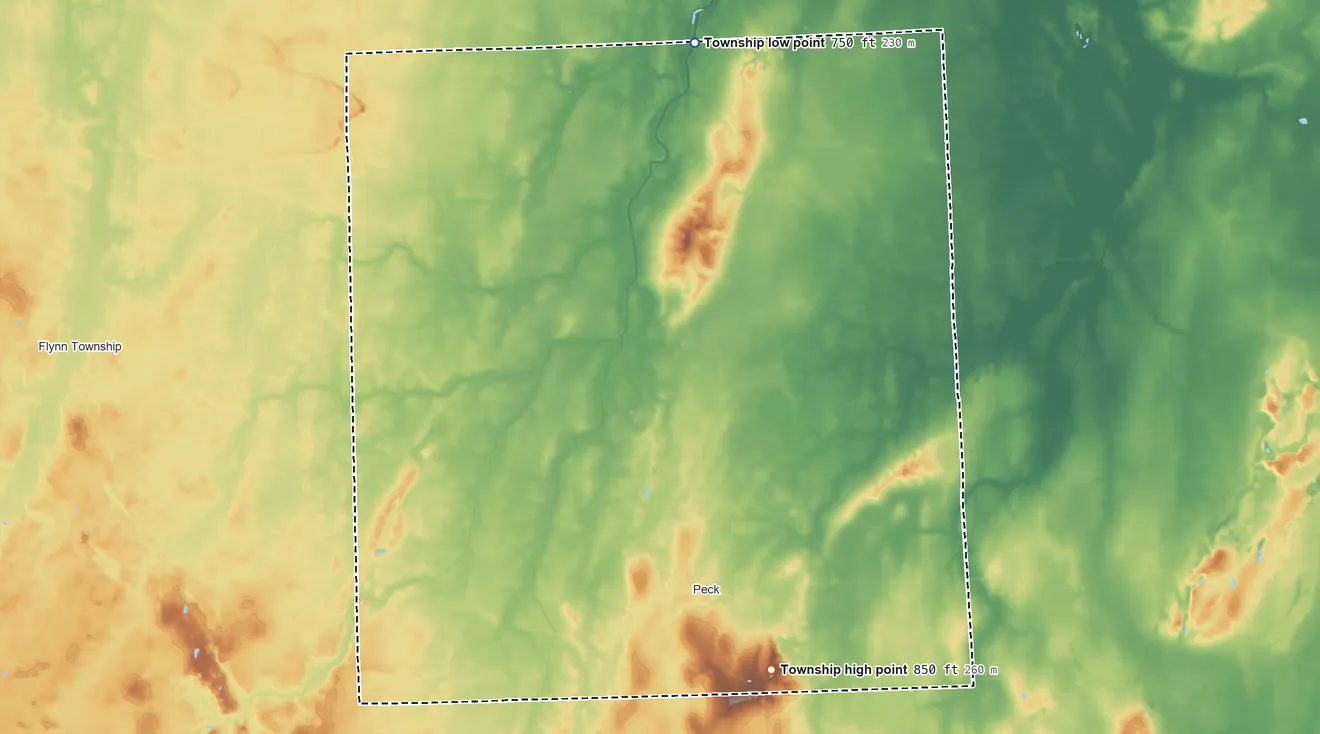 Topographic elevation map of Elk Township, Michigan, shaded from 750 ft on the north side to 850 ft on the southeast side
