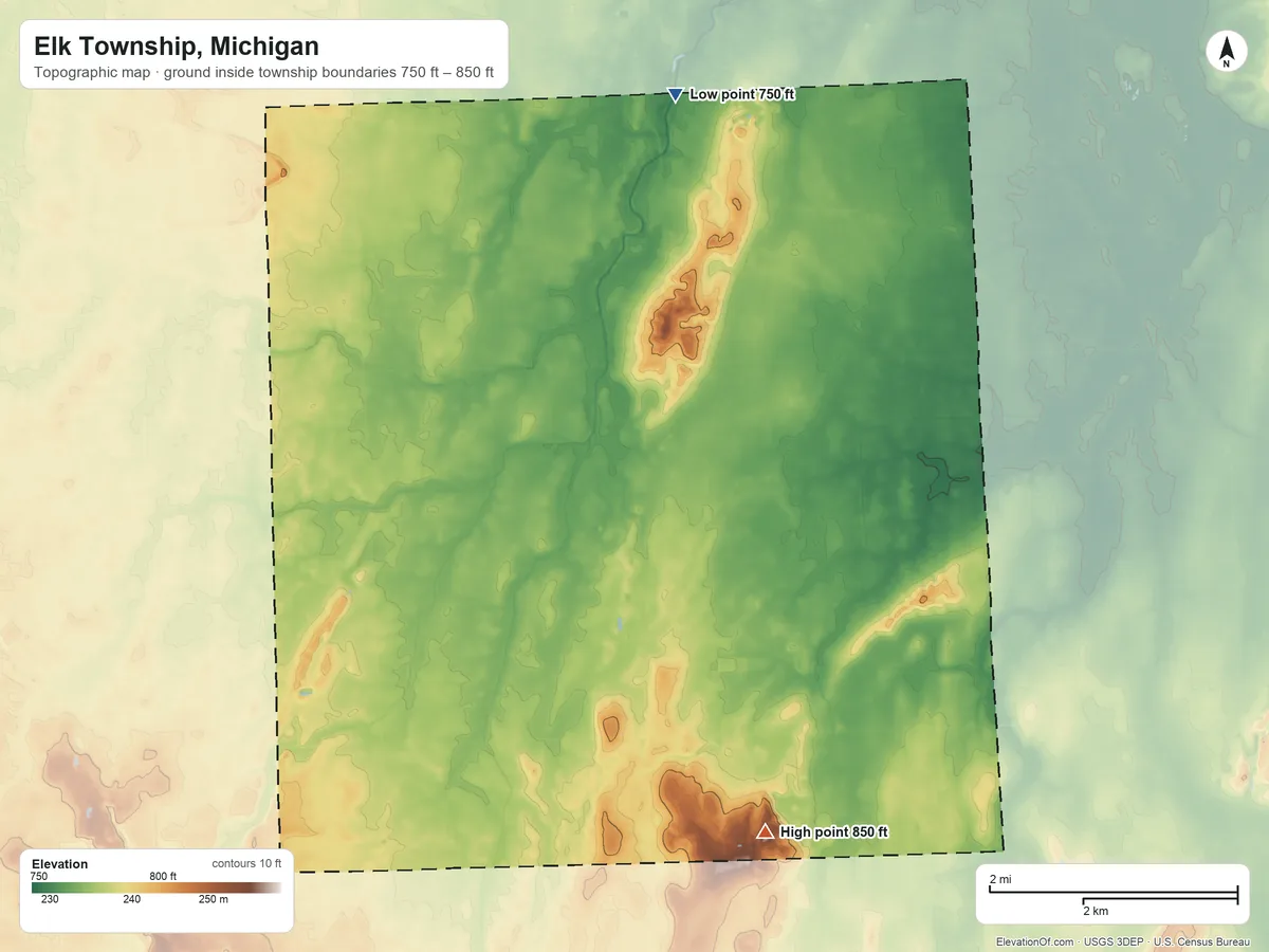 Topographic elevation map of Elk Township, Michigan, shaded from 750 ft on the north side to 850 ft on the southeast side