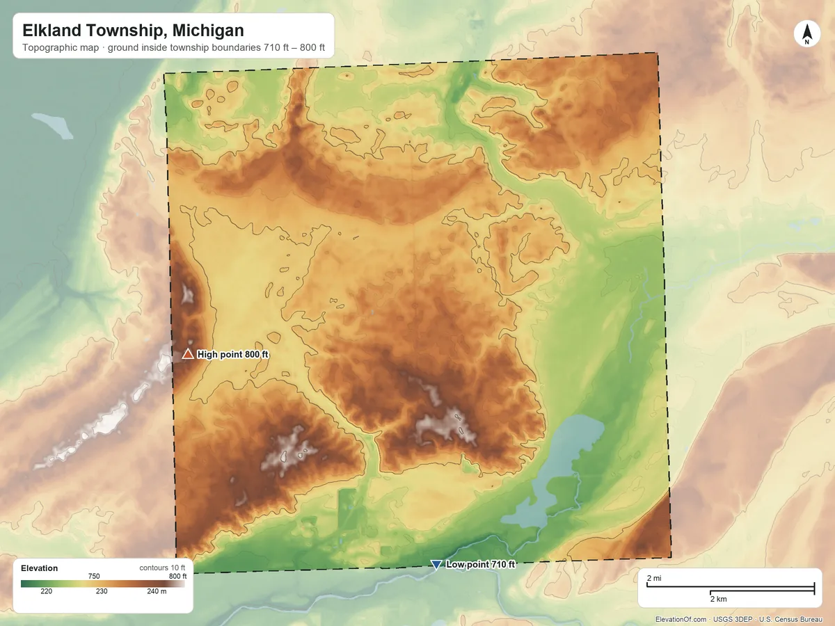 Topographic elevation map of Elkland Township, Michigan, shaded from 710 ft on the south side to 800 ft on the northwest side