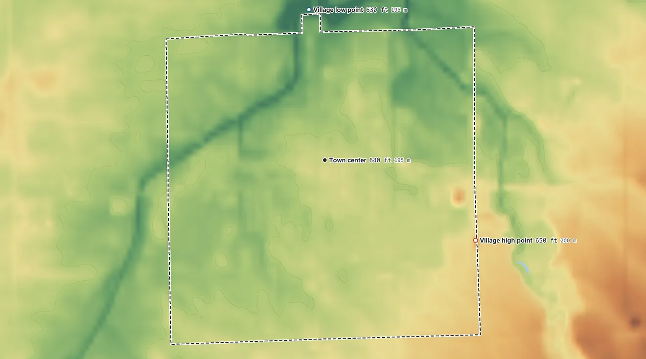 Topographic elevation map of Elkton, Michigan, shaded from 630 ft on the north side to 650 ft on the southeast side