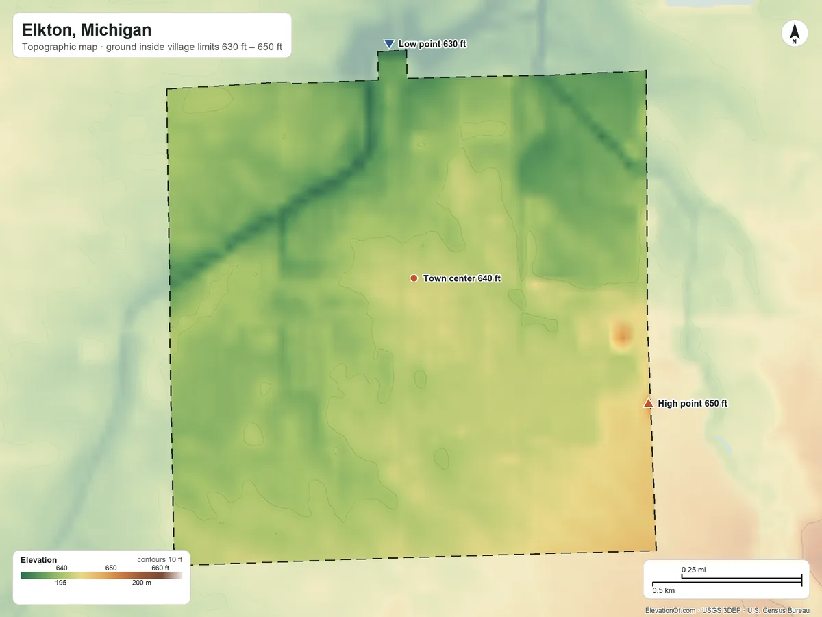 Topographic elevation map of Elkton, Michigan, shaded from 630 ft on the north side to 650 ft on the southeast side