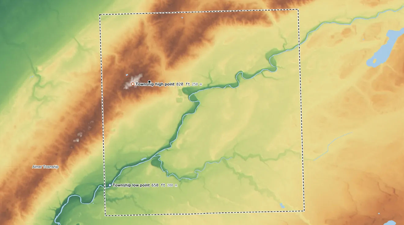 Topographic elevation map of Ellington Township, Michigan, shaded from 650 ft on the south side to 820 ft near the middle