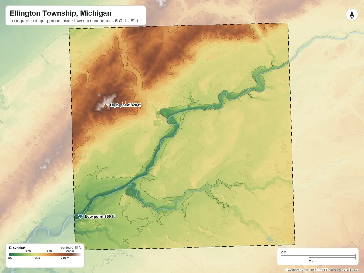 Topographic elevation map of Ellington Township, Michigan, shaded from 650 ft on the south side to 820 ft near the middle