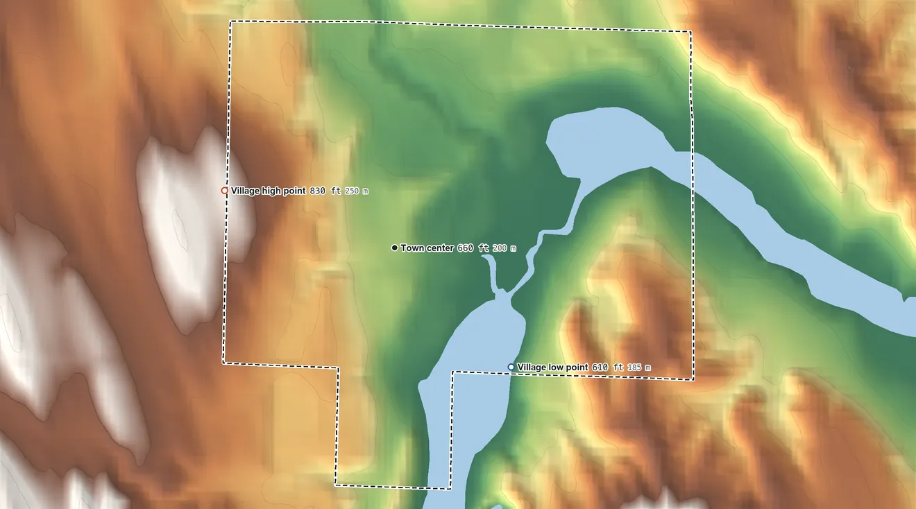 Topographic elevation map of Ellsworth, Michigan, shaded from 610 ft on the southeast side to 830 ft on the west side