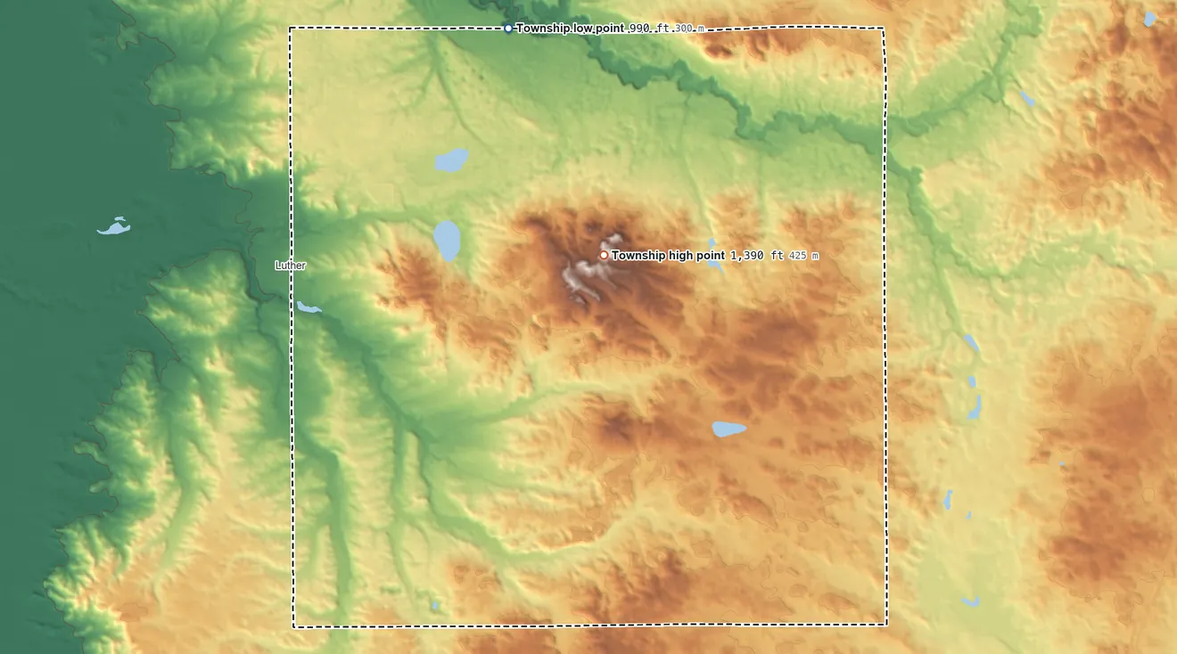 Topographic elevation map of Ellsworth Township, Michigan, shaded from 990 ft on the north side to 1,390 ft near the middle