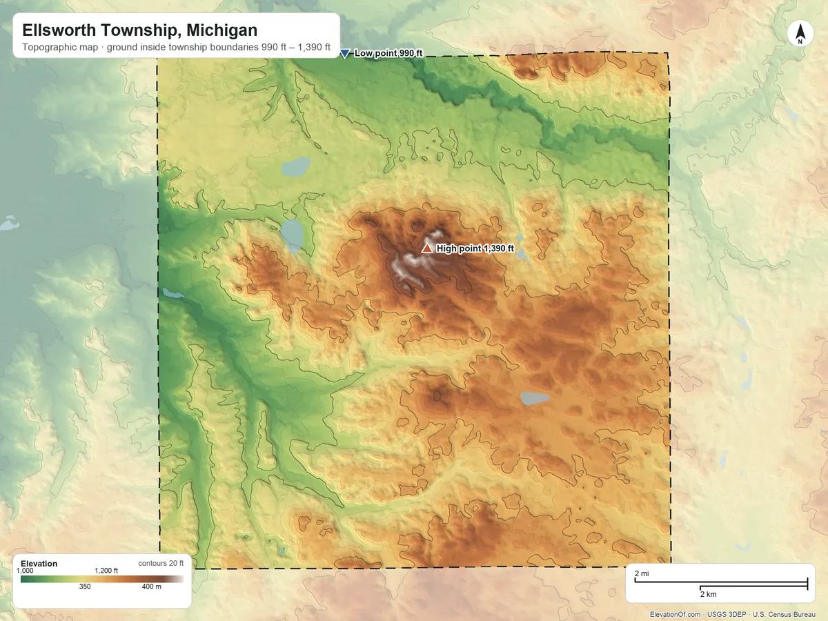 Topographic elevation map of Ellsworth Township, Michigan, shaded from 990 ft on the north side to 1,390 ft near the middle