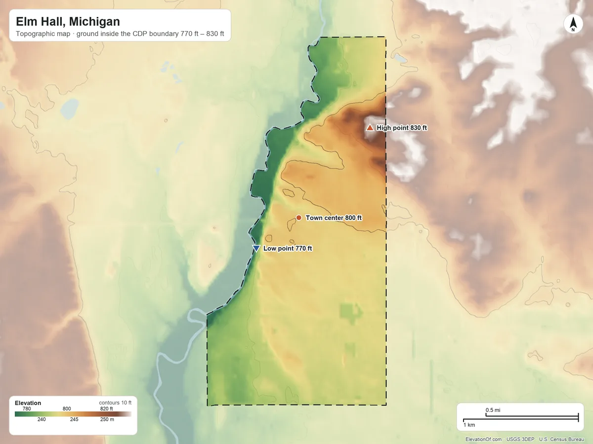 Topographic elevation map of Elm Hall, Michigan, shaded from 770 ft on the southwest side to 830 ft on the northeast side