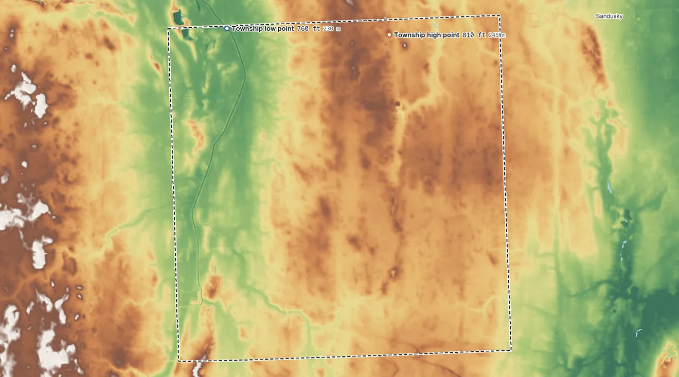 Topographic elevation map of Elmer Township, Sanilac County, Michigan, shaded from 760 ft on the northwest side to 810 ft on the north side