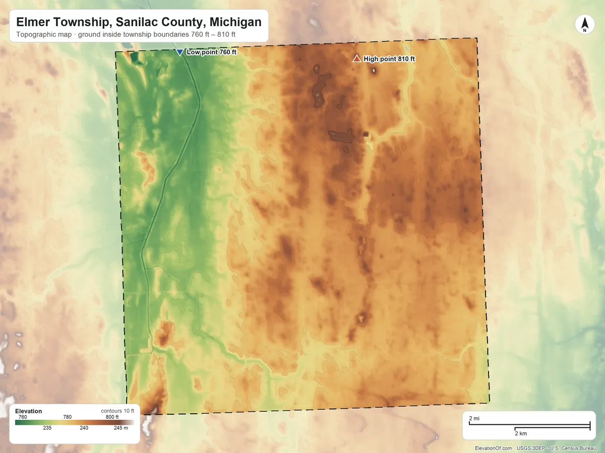 Topographic elevation map of Elmer Township, Sanilac County, Michigan, shaded from 760 ft on the northwest side to 810 ft on the north side