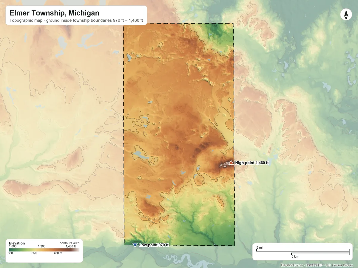 Topographic elevation map of Elmer Township, Michigan, shaded from 970 ft on the southwest side to 1,460 ft on Mount Tom