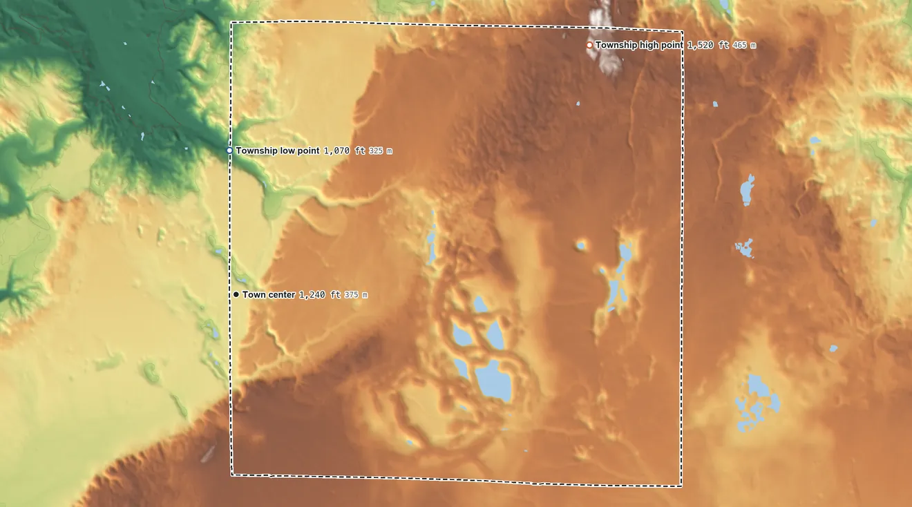 Topographic elevation map of Elmira Township, Michigan, shaded from 1,070 ft on the north side to 1,520 ft on the northeast side