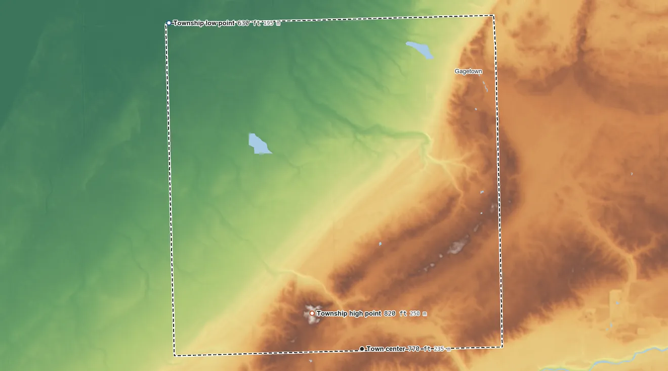 Topographic elevation map of Elmwood Township, Tuscola County, Michigan, shaded from 630 ft on the northwest side to 820 ft on the northwest side