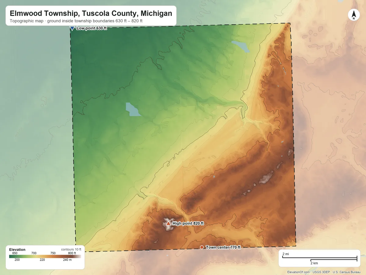 Topographic elevation map of Elmwood Township, Tuscola County, Michigan, shaded from 630 ft on the northwest side to 820 ft on the northwest side