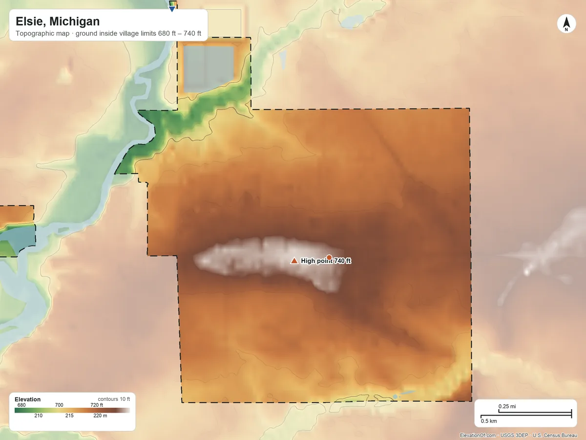 Topographic elevation map of Elsie, Michigan, shaded from 680 ft on the northwest side to 740 ft near the middle