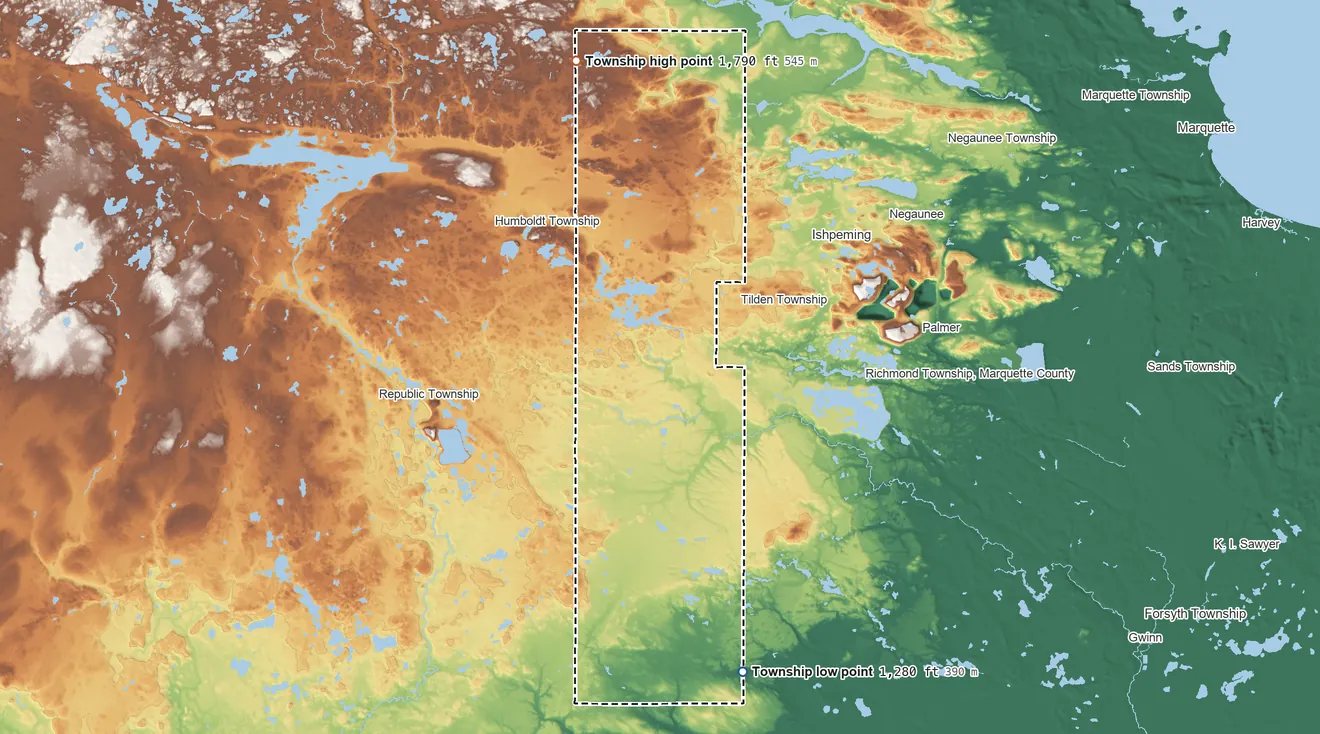 Topographic elevation map of Ely Township, Michigan, shaded from 1,280 ft on the south side to 1,790 ft on the northwest side