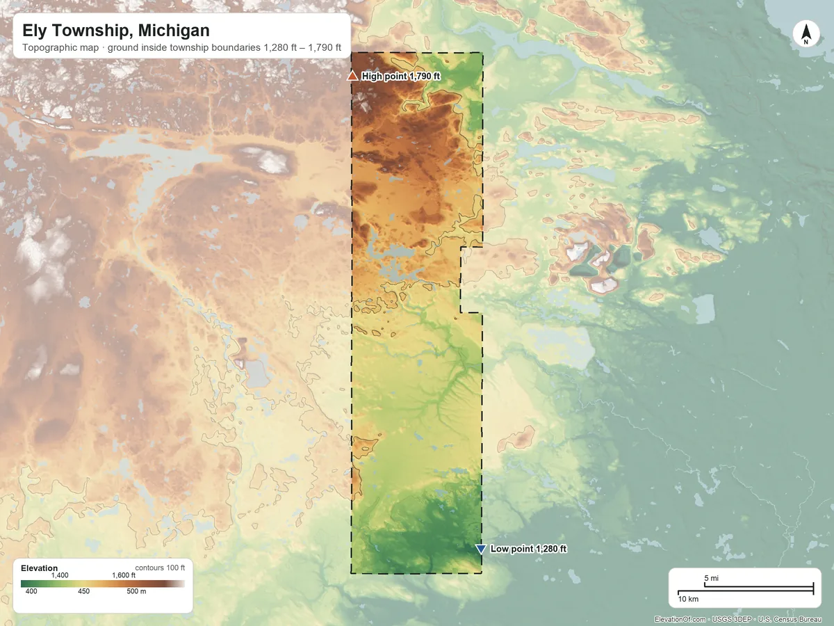 Topographic elevation map of Ely Township, Michigan, shaded from 1,280 ft on the south side to 1,790 ft on the northwest side