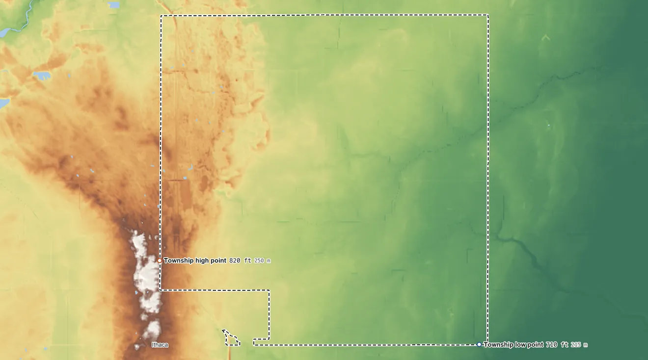 Topographic elevation map of Emerson Township, Michigan, shaded from 710 ft on the southeast side to 820 ft on the southwest side