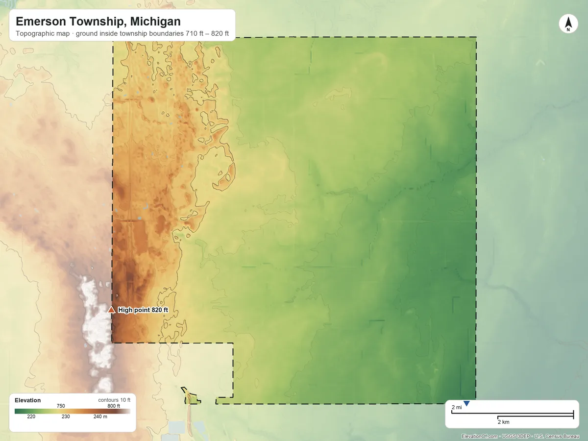 Topographic elevation map of Emerson Township, Michigan, shaded from 710 ft on the southeast side to 820 ft on the southwest side