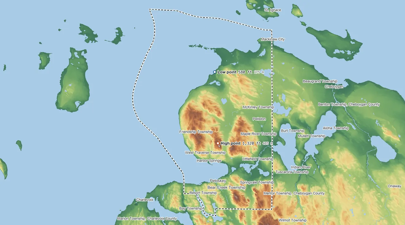 Topographic elevation map of Emmet County, Michigan, shaded from 580 ft on the north side to 1,320 ft on Emmet Heights