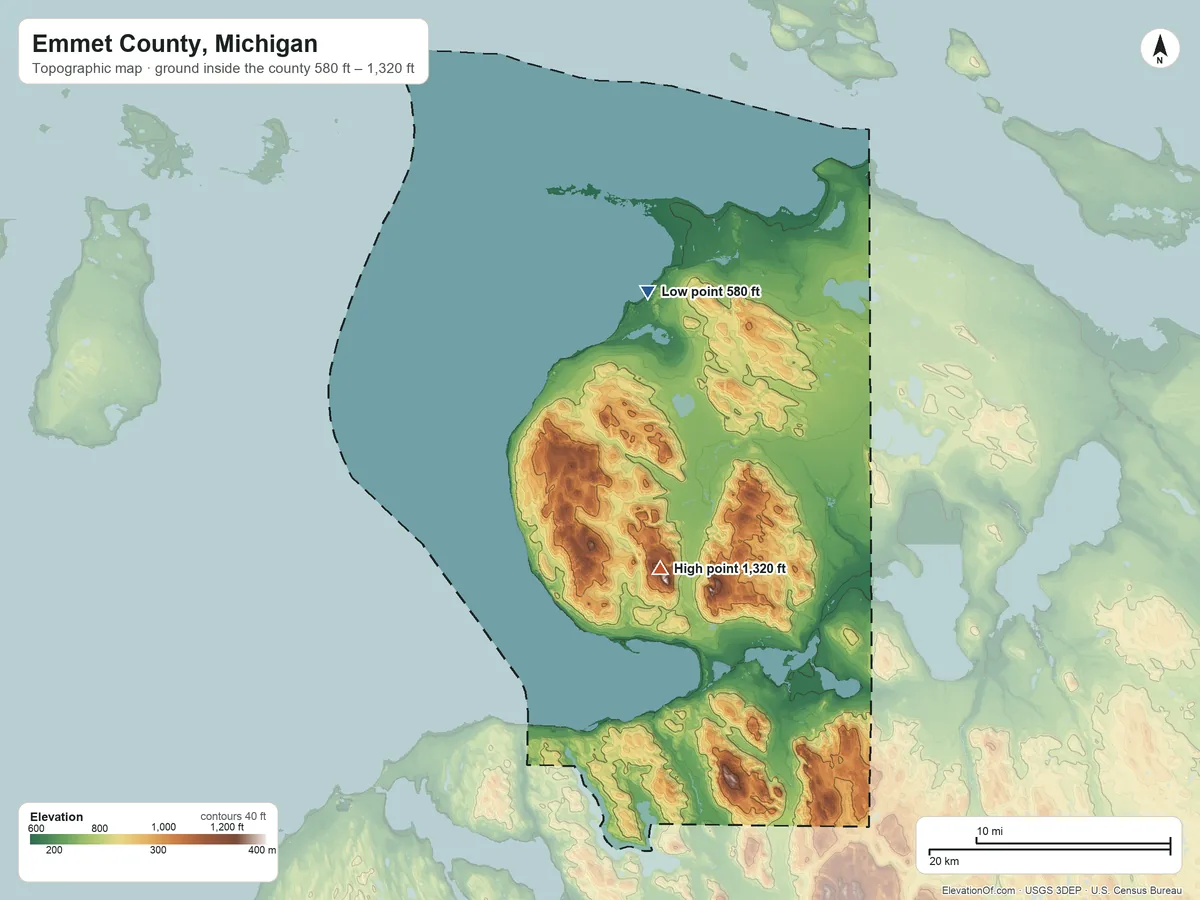 Topographic elevation map of Emmet County, Michigan, shaded from 580 ft on the north side to 1,320 ft on Emmet Heights
