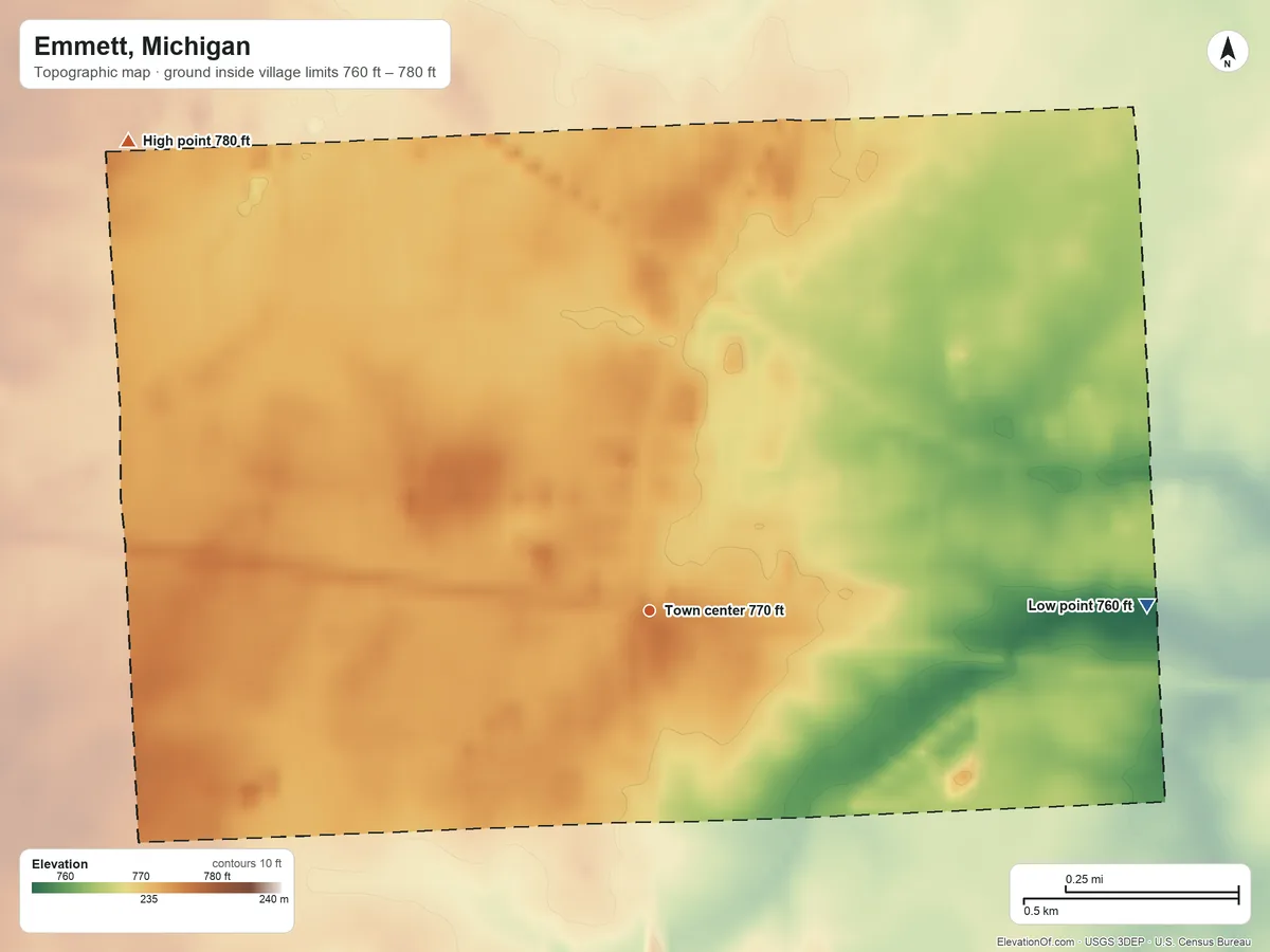 Topographic elevation map of Emmett, Michigan, shaded from 760 ft on the east side to 780 ft on the northwest side