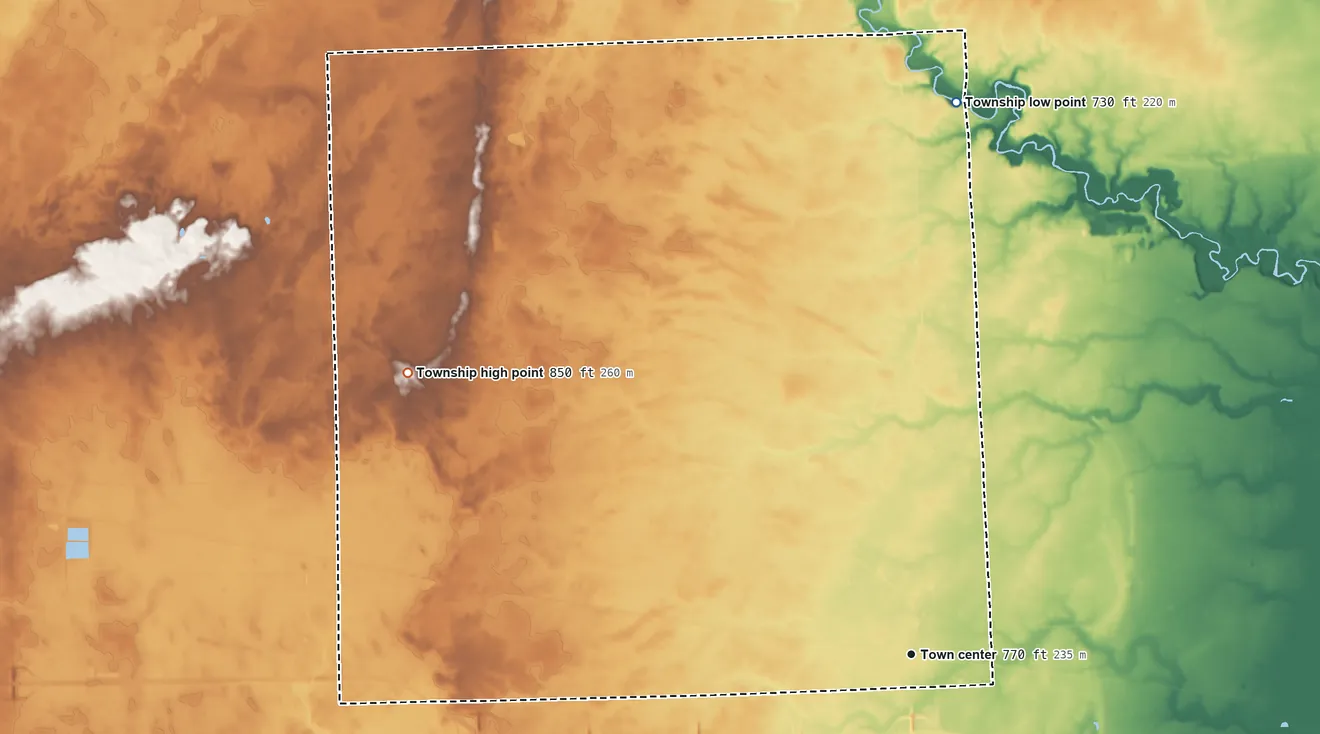 Topographic elevation map of Emmett Township, St. Clair County, Michigan, shaded from 730 ft on the north side to 850 ft on the northwest side