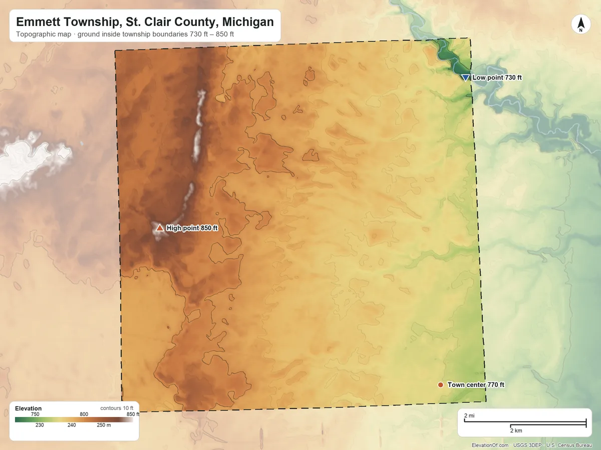 Topographic elevation map of Emmett Township, St. Clair County, Michigan, shaded from 730 ft on the north side to 850 ft on the northwest side