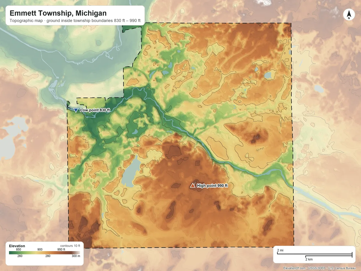 Topographic elevation map of Emmett Township, Michigan, shaded from 830 ft on the west side to 990 ft on the southeast side