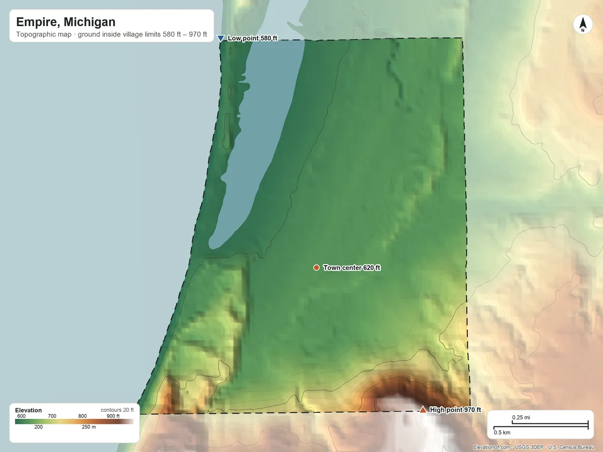 Topographic elevation map of Empire, Michigan, shaded from 580 ft on the northwest side to 970 ft on the southeast side