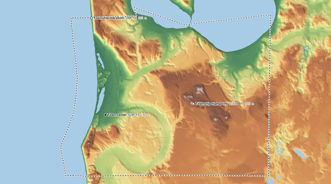 Topographic elevation map of Empire Township, Michigan, shaded from 580 ft on the north side to 1,130 ft on the east side