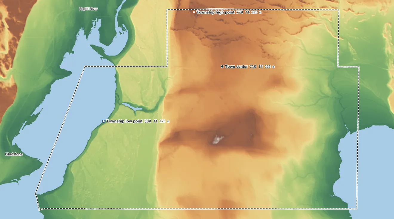 Topographic elevation map of Ensign Township, Michigan, shaded from 580 ft on the southwest side to 770 ft on the northwest side